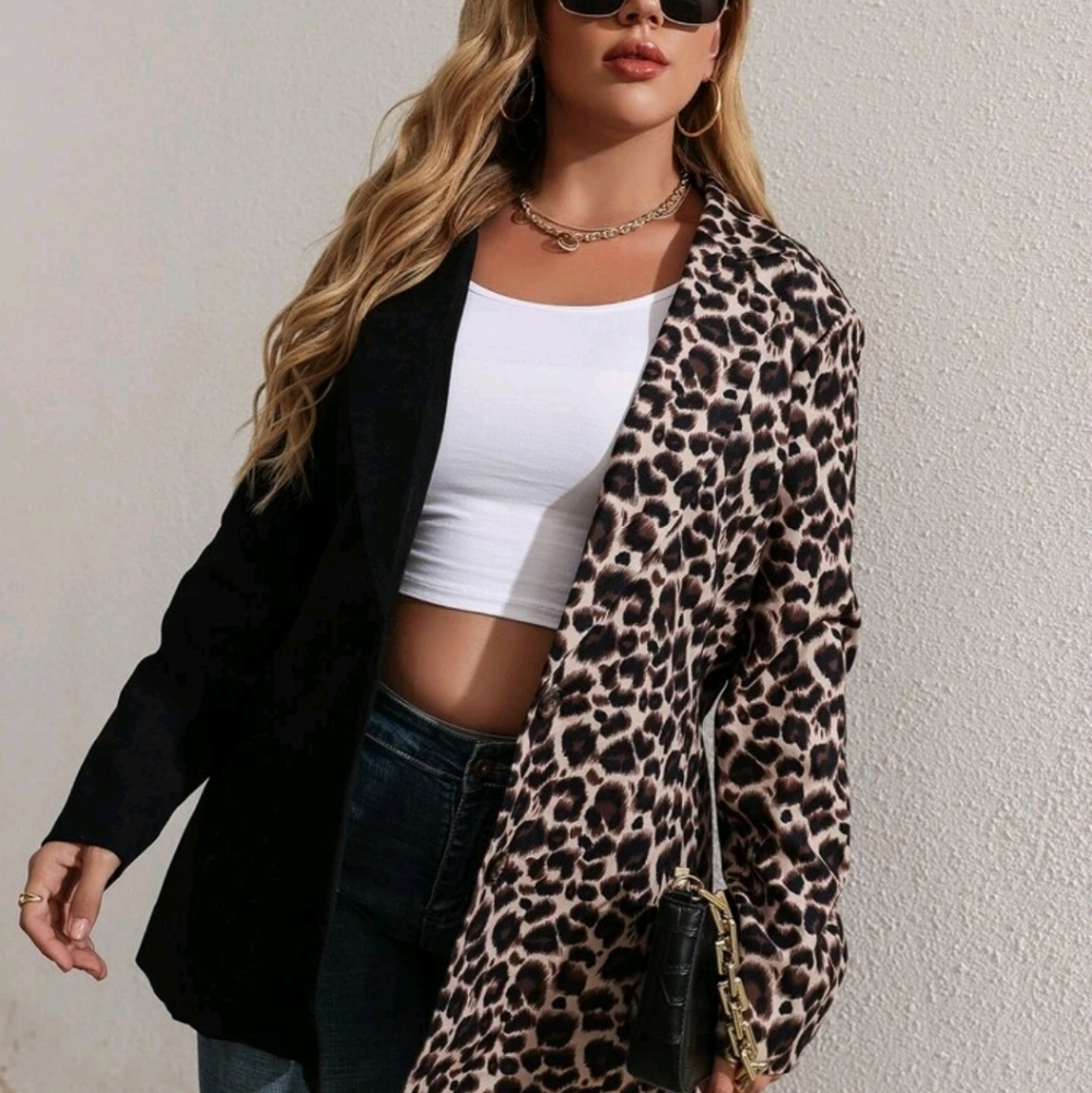 Two tone black and leopard print blazer